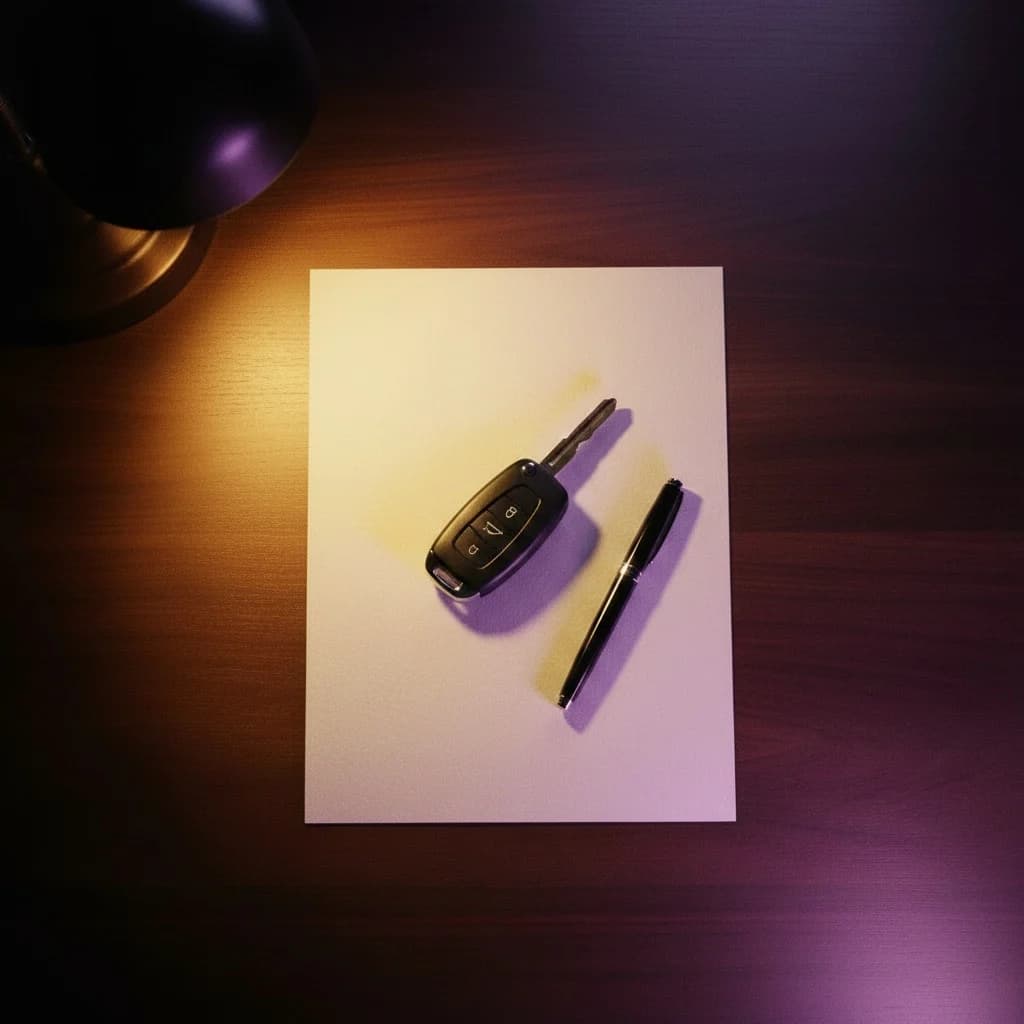 Overhead flat-lay of a car key and fountain pen resting on cream paper under a warm amber desk lamp, walnut desktop in deep shadow