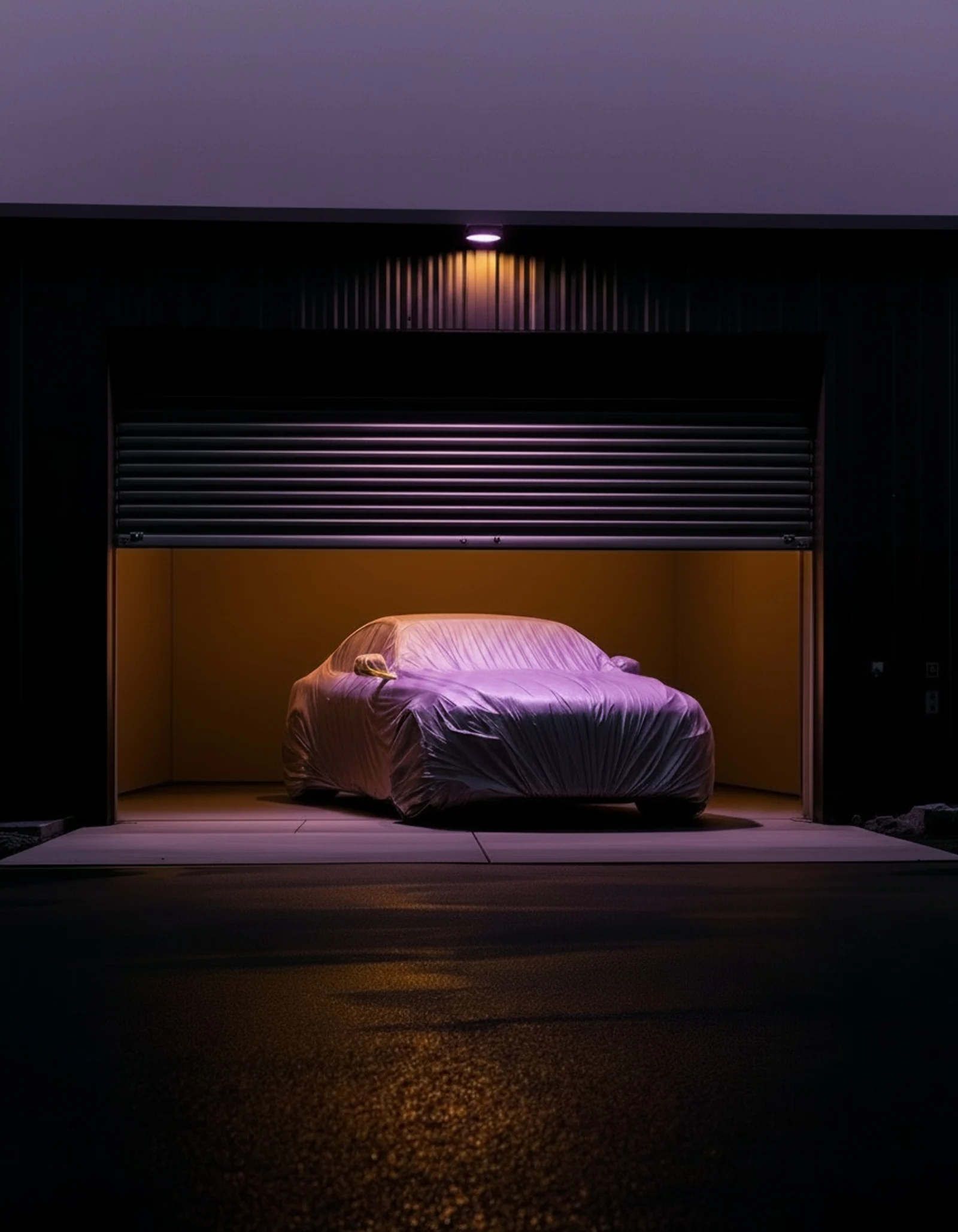A sedan draped in translucent plastic transit wrap inside a warm amber lit garage at night, door raised for a first reveal