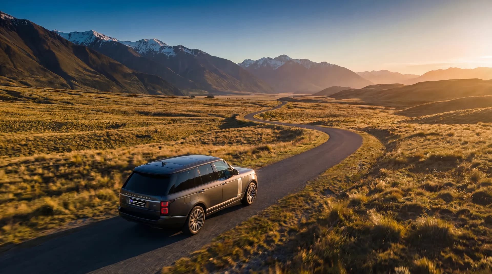 뉴질랜드 남섬의 광활한 알파인 계곡을 가로지르는 구불구불한 도로를 달리는 Range Rover 플래그십의 공중 뷰, 황금빛 시간, 멀리 눈 덮인 산맥